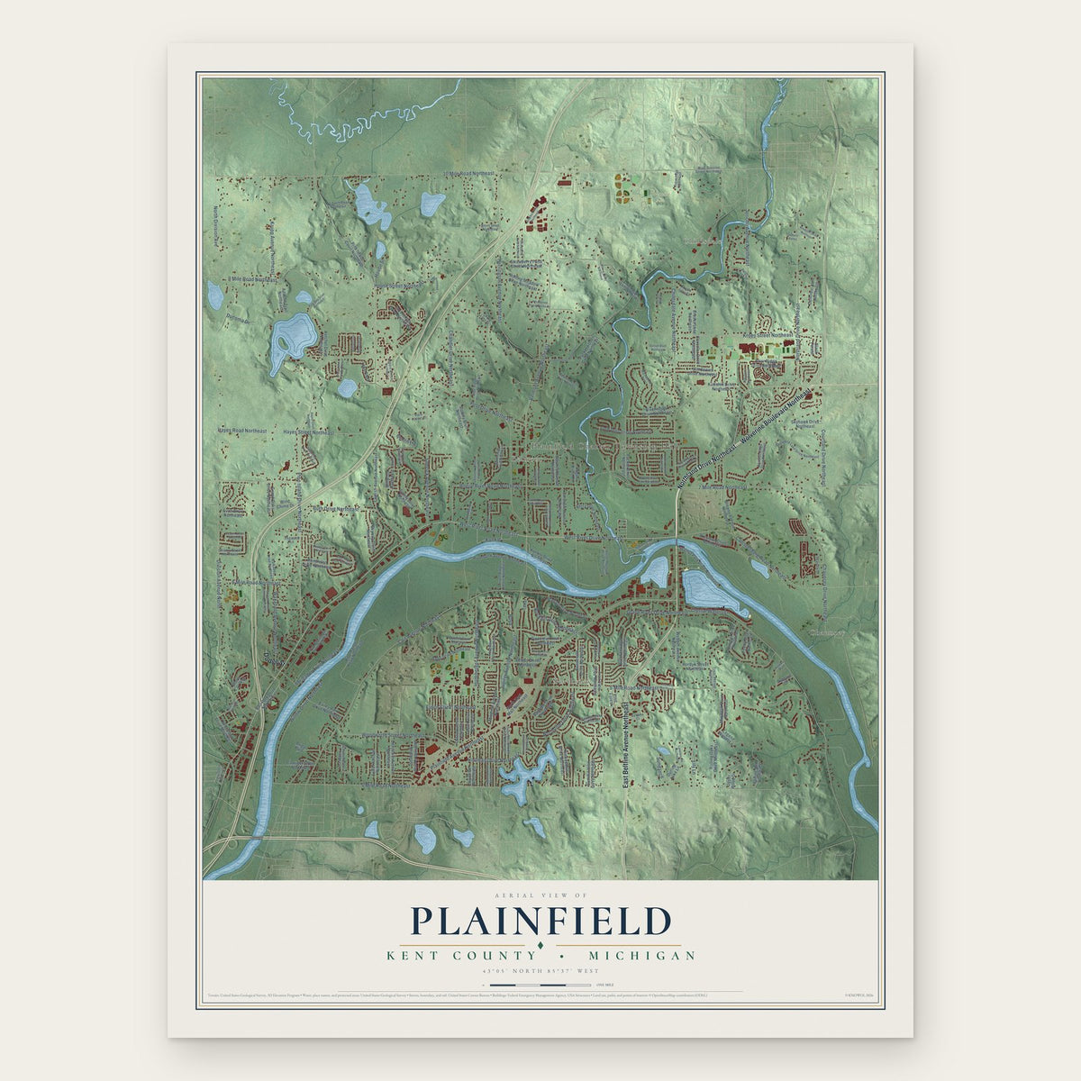 Plainfield, Kent County, Michigan map print, the full design