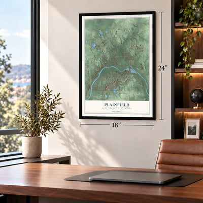 Plainfield, Kent County, Michigan map, 18 x 24 inch print in a black frame in a home office