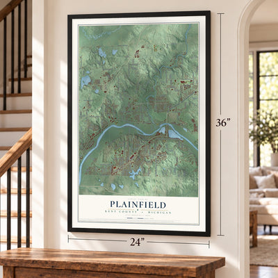 Plainfield, Kent County, Michigan map, 24 x 36 inch print in a black frame by a staircase