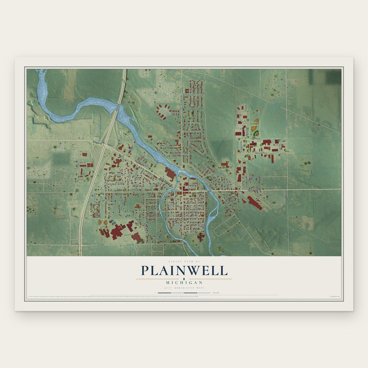 Plainwell, Michigan map print, the full design