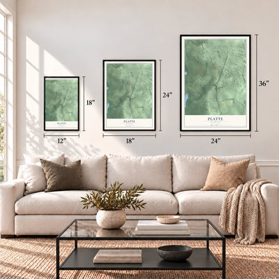 Platte, Michigan map in 12 x 18, 18 x 24 and 24 x 36 inch sizes above a sofa