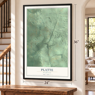 Platte, Michigan map, 24 x 36 inch print in a black frame by a staircase