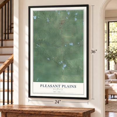 Pleasant Plains, Michigan map, 24 x 36 inch print in a black frame by a staircase