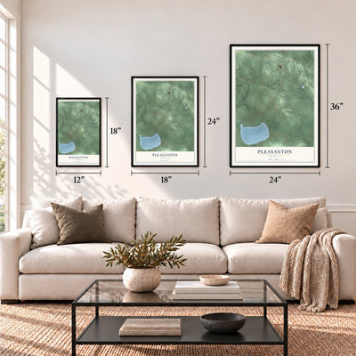 Pleasanton, Michigan map in 12 x 18, 18 x 24 and 24 x 36 inch sizes above a sofa
