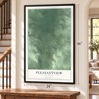 Pleasantview, Michigan map, 24 x 36 inch print in a black frame by a staircase