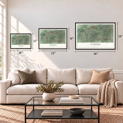 Plymouth, Wayne County, Michigan map in 12 x 18, 18 x 24 and 24 x 36 inch sizes above a sofa