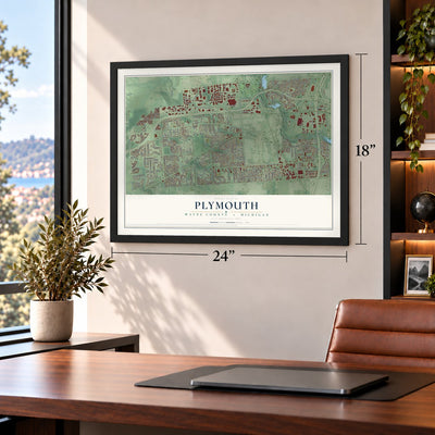 Plymouth, Wayne County, Michigan map, 18 x 24 inch print in a black frame in a home office