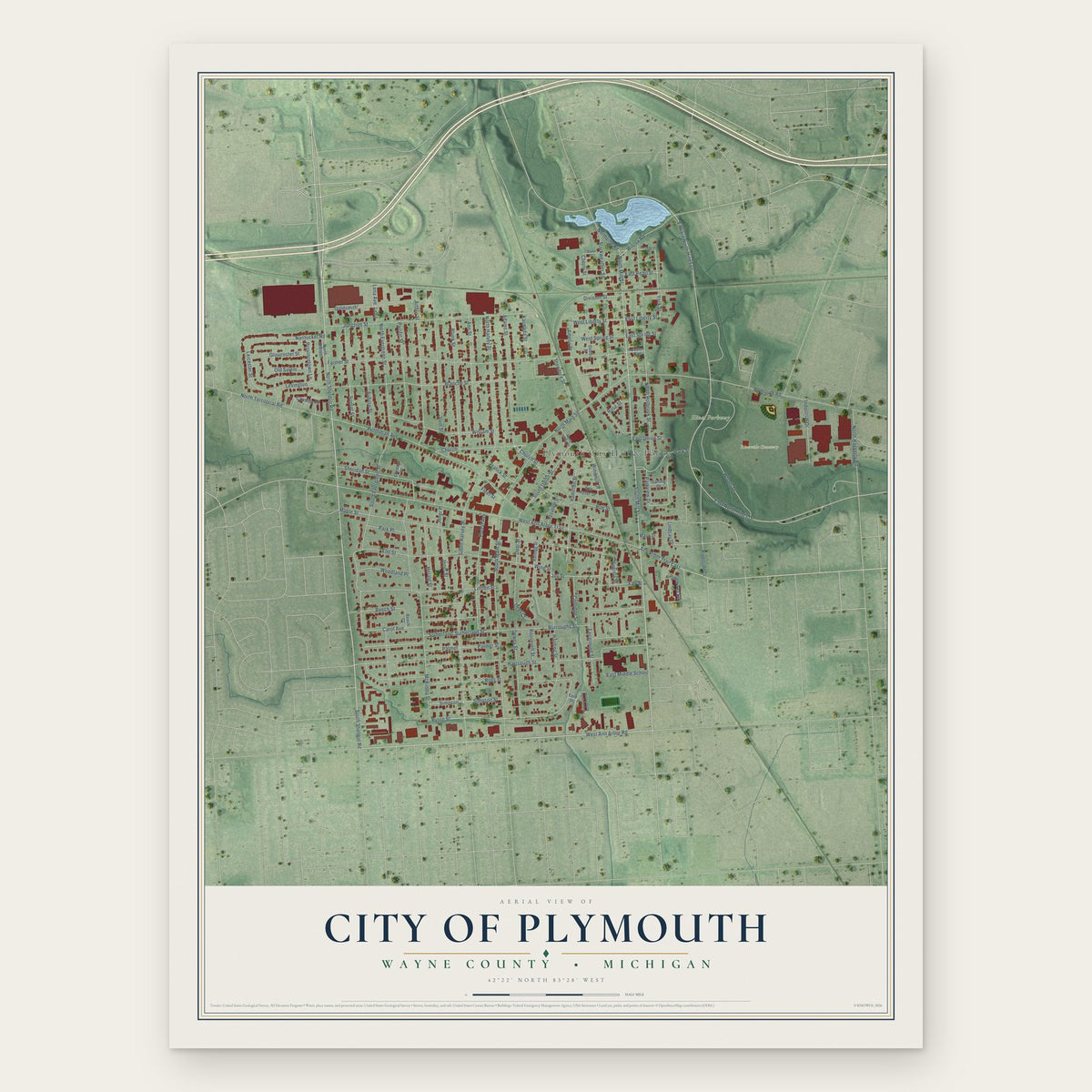 Plymouth, Michigan map print, the full design