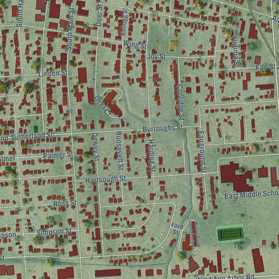 Close-up of the map of Plymouth, Michigan print showing street and building detail