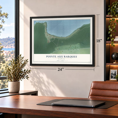 Pointe Aux Barques, Michigan map, 18 x 24 inch print in a black frame in a home office