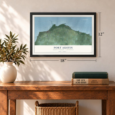 Port Austin, Huron County, Michigan map, 12 x 18 inch print in a black frame in an entryway