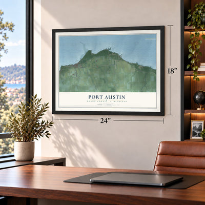 Port Austin, Huron County, Michigan map, 18 x 24 inch print in a black frame in a home office