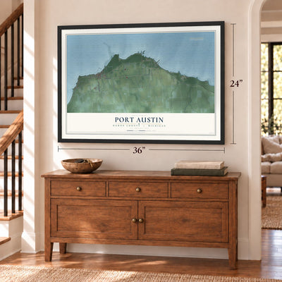 Port Austin, Huron County, Michigan map, 24 x 36 inch print in a black frame above a dresser by a staircase