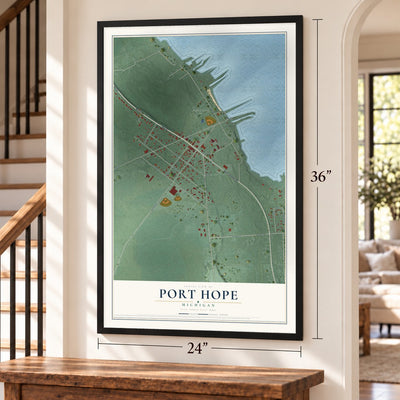 Port Hope, Michigan map, 24 x 36 inch print in a black frame by a staircase
