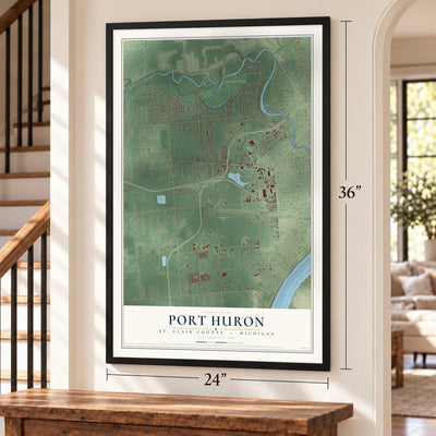Port Huron, St. Clair County, Michigan map, 24 x 36 inch print in a black frame by a staircase