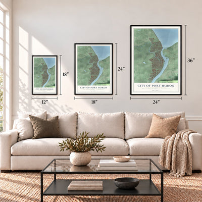 Port Huron, Michigan map in 12 x 18, 18 x 24 and 24 x 36 inch sizes above a sofa