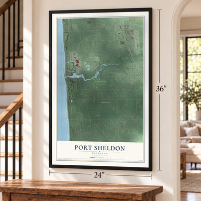 Port Sheldon, Michigan map, 24 x 36 inch print in a black frame by a staircase