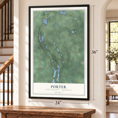 Porter, Cass County, Michigan map, 24 x 36 inch print in a black frame by a staircase