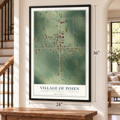 Posen, Michigan map, 24 x 36 inch print in a black frame by a staircase
