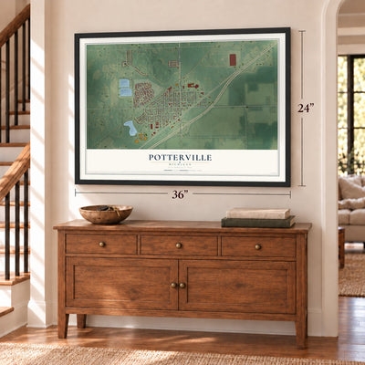 Potterville, Michigan map, 24 x 36 inch print in a black frame above a dresser by a staircase