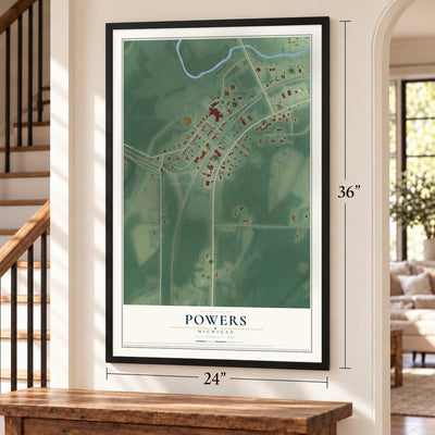 Powers, Michigan map, 24 x 36 inch print in a black frame by a staircase
