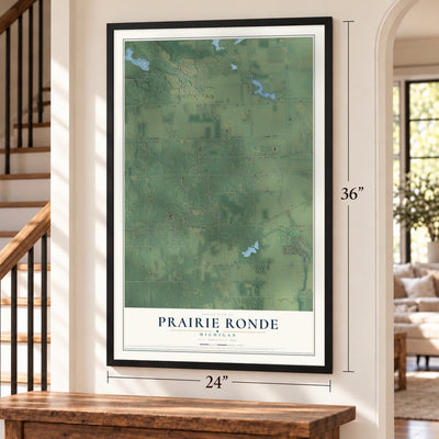 Prairie Ronde, Michigan map, 24 x 36 inch print in a black frame by a staircase