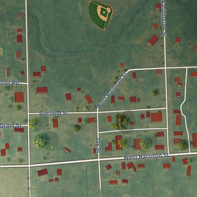 Close-up of the map of Prescott, Michigan print showing street and building detail