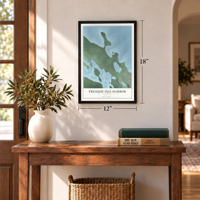 Presque Isle Harbor, Michigan map, 12 x 18 inch print in a black frame in an entryway