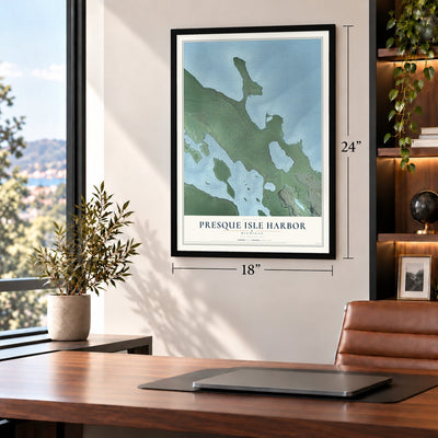 Presque Isle Harbor, Michigan map, 18 x 24 inch print in a black frame in a home office
