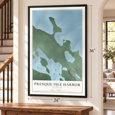 Presque Isle Harbor, Michigan map, 24 x 36 inch print in a black frame by a staircase