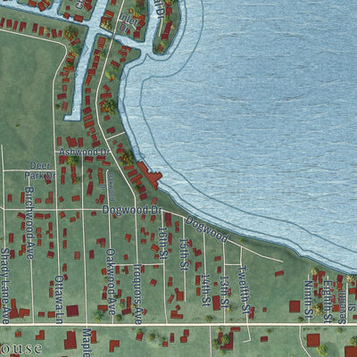 Close-up of the map of Prudenville, Michigan print showing street and building detail