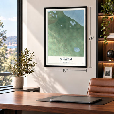 Pulawski, Michigan map, 18 x 24 inch print in a black frame in a home office