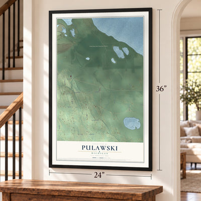 Pulawski, Michigan map, 24 x 36 inch print in a black frame by a staircase