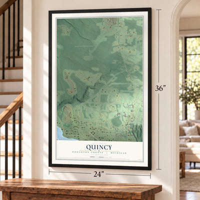 Quincy, Houghton County, Michigan map, 24 x 36 inch print in a black frame by a staircase
