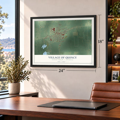Quincy, Michigan map, 18 x 24 inch print in a black frame in a home office