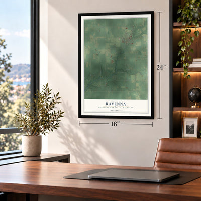 Ravenna, Muskegon County, Michigan map, 18 x 24 inch print in a black frame in a home office