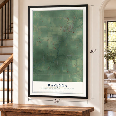 Ravenna, Muskegon County, Michigan map, 24 x 36 inch print in a black frame by a staircase