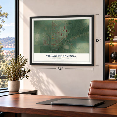 Ravenna, Michigan map, 18 x 24 inch print in a black frame in a home office