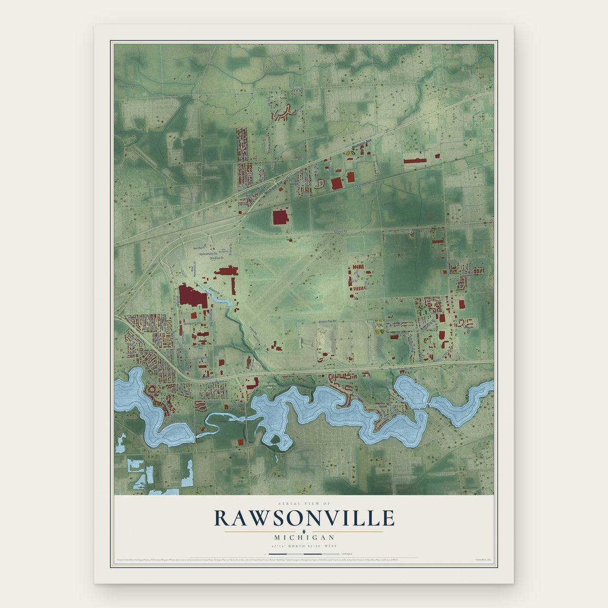 Rawsonville, Michigan map print, the full design