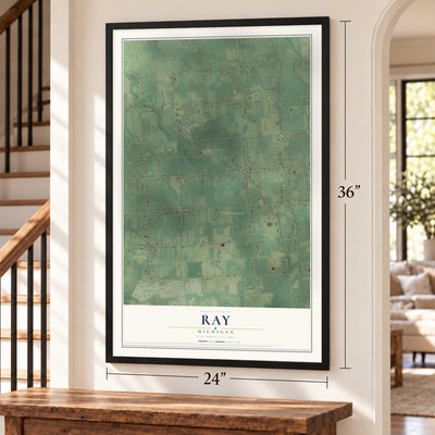Ray, Michigan map, 24 x 36 inch print in a black frame by a staircase