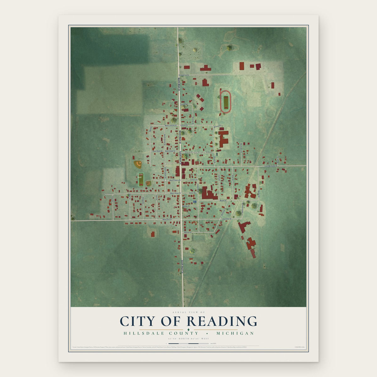 Reading, Michigan map print, the full design