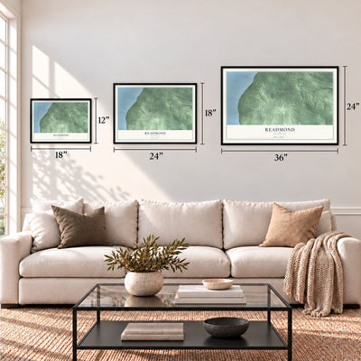 Readmond, Michigan map in 12 x 18, 18 x 24 and 24 x 36 inch sizes above a sofa