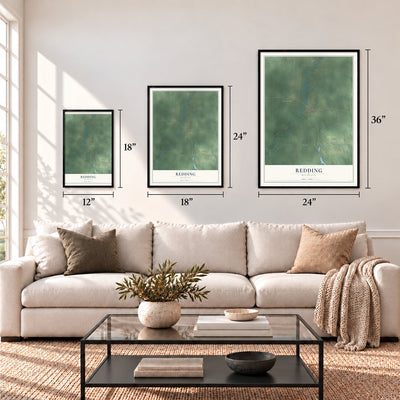 Redding, Michigan map in 12 x 18, 18 x 24 and 24 x 36 inch sizes above a sofa