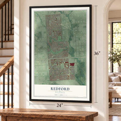 Redford, Michigan map, 24 x 36 inch print in a black frame by a staircase
