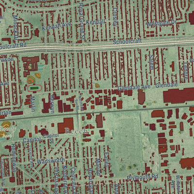Close-up of the map of Redford, Michigan print showing street and building detail