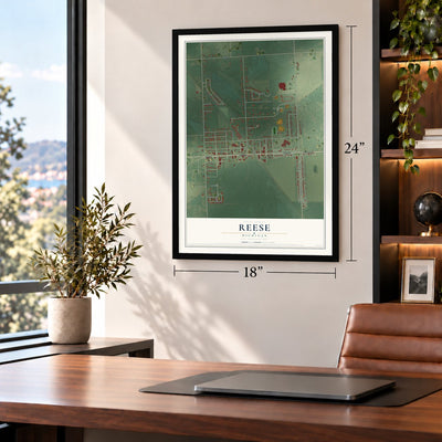 Reese, Michigan map, 18 x 24 inch print in a black frame in a home office