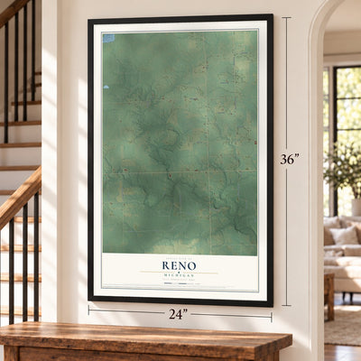 Reno, Michigan map, 24 x 36 inch print in a black frame by a staircase