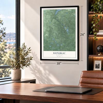 Republic, Michigan map, 18 x 24 inch print in a black frame in a home office