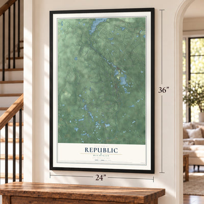 Republic, Michigan map, 24 x 36 inch print in a black frame by a staircase