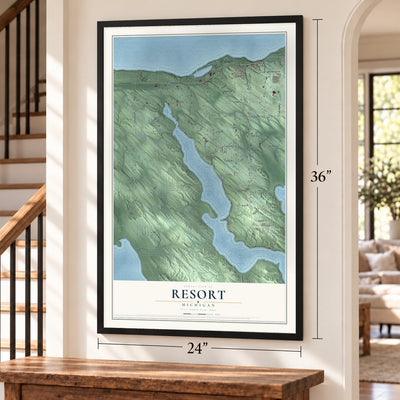 Resort, Michigan map, 24 x 36 inch print in a black frame by a staircase